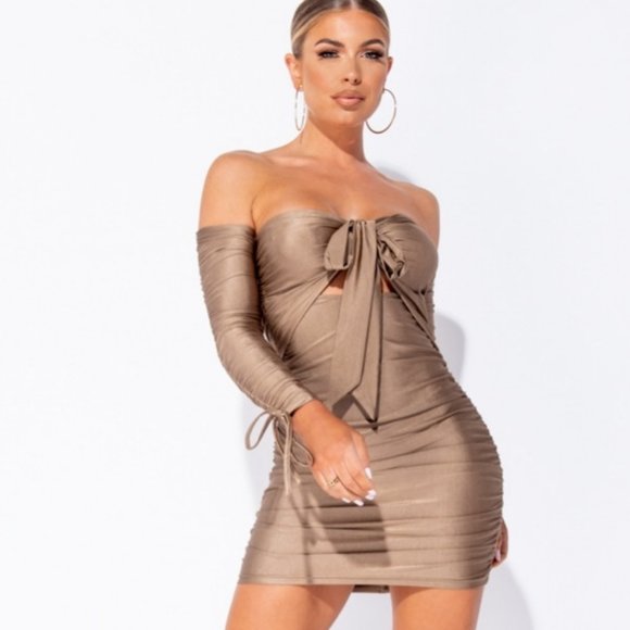 Dresses & Skirts - Brown Long Sleeve Off Shoulder Cutout Ruched Bodycon Mini Dress